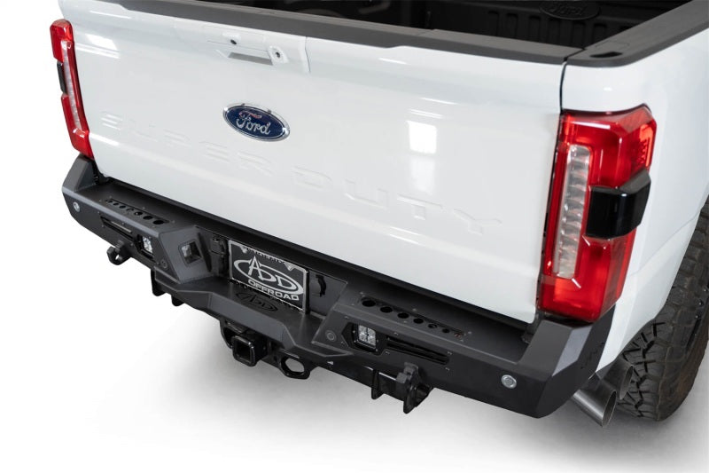 Addictive Desert Designs steel rear bumper for Ford F-150 Super Duty 2023-2024, durable and rugged truck bumper.