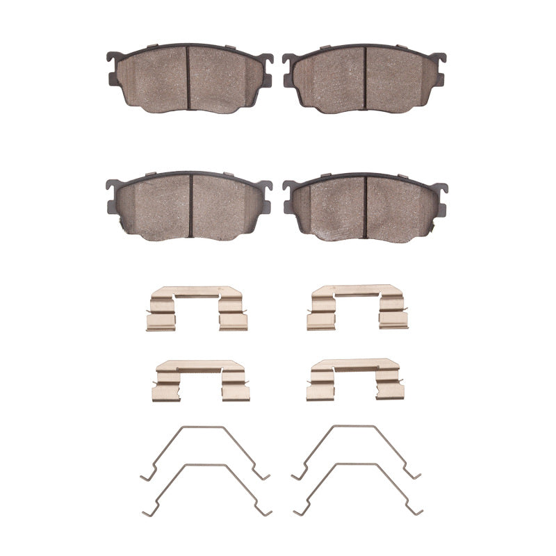 R1 Concepts Mazda Protege 1998-2003 front ceramic brake pads and hardware kit, OE quality, with metal backing and friction material