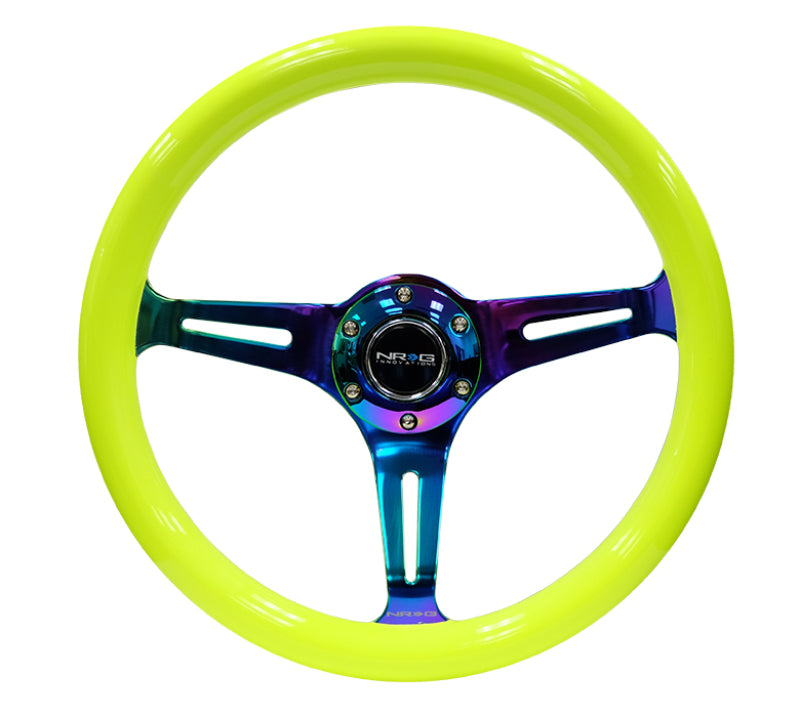NRG Classic wood grain steering wheel in neon yellow with neochrome spokes, 350mm diameter, for automotive interior customization.