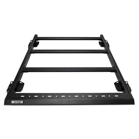 Westin Jeep Wrangler JL Unlimited Mesa Roof Rack mounted on vehicle, showcasing durable black roof rack for off-road and cargo storage.