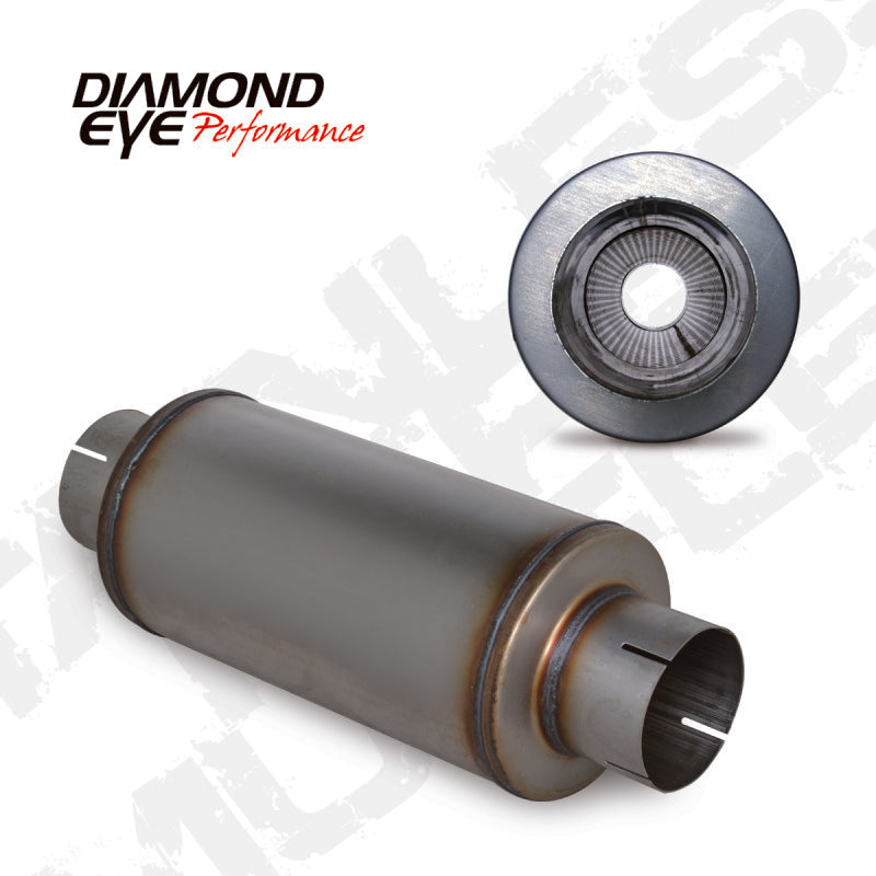 Diamond Eye Performance exhaust muffler with 4-inch inlet and 7-inch diameter, 20-inch length, slotted ends, made of 409 stainless steel.
