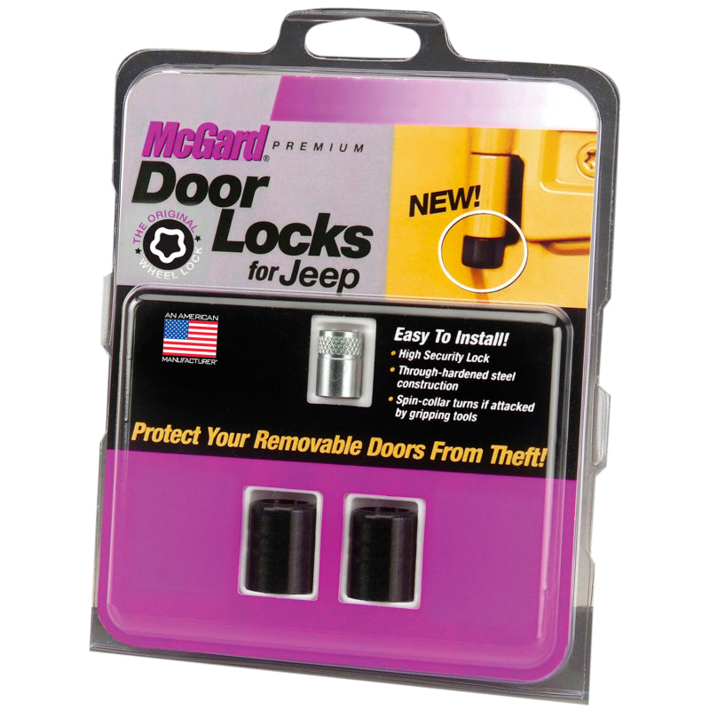 McGard Jeep Wrangler TJ Unlimited LJ 2-door security lock set showing two durable metal locks with keyholes for vehicle security.