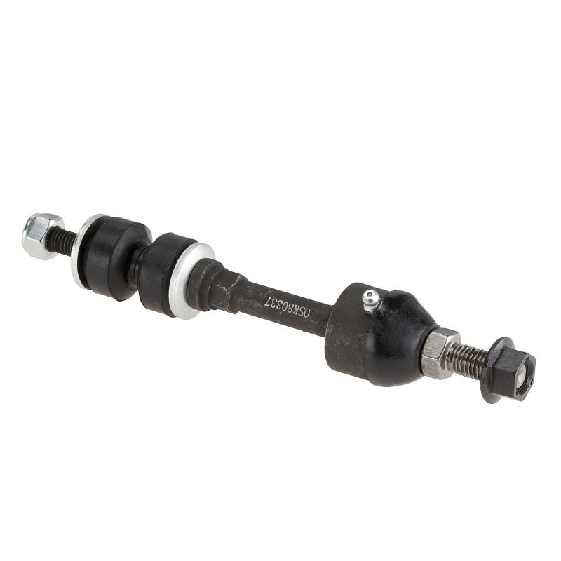 Moog Ford F-150 front sway bar endlink kit, durable suspension component with metal links and bushings, installed on vehicle suspension.