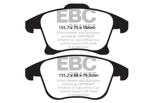 EBC 13+ Ford Fusion 1.6 Turbo Ultimax2 front brake pads, OE type, showing the black friction material and metal backing plates.