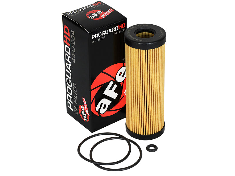 aFe Pro GUARD HD oil filter for 2015-2017 Ford F-150 V6 2.7L engine, showing the filter with brand logo and packaging.