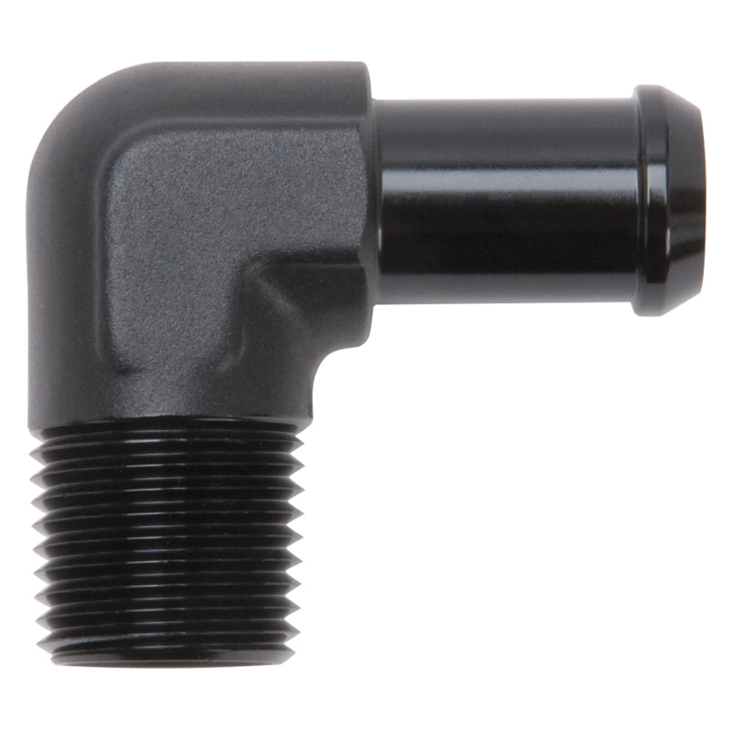 Edelbrock hose end fitting, 90-degree 1/2-inch NPT to 5/8-inch barb, black anodized for automotive use.