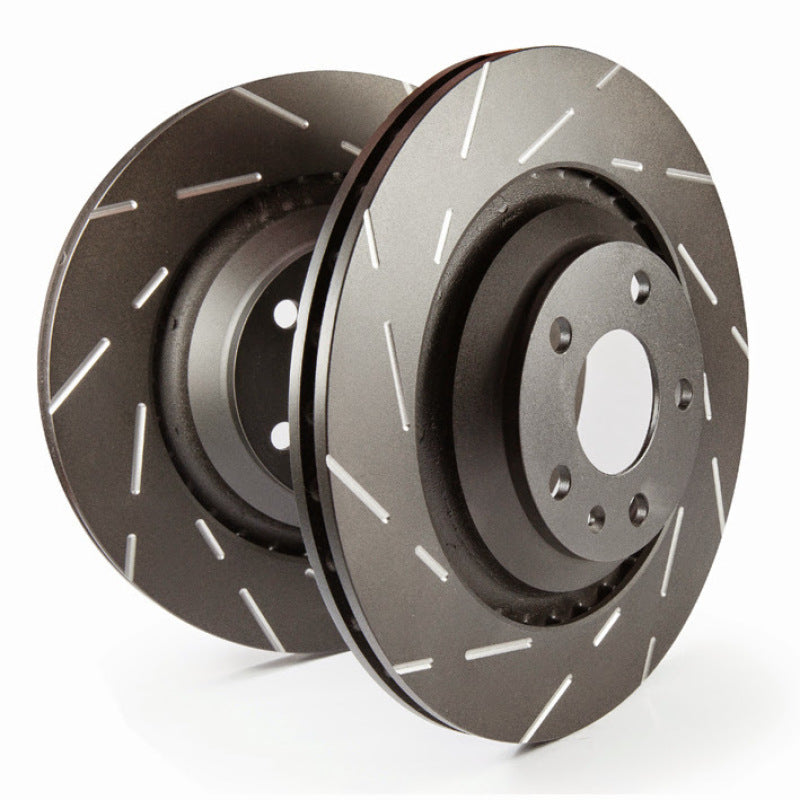 EBC slotted front brake rotors for Lexus RC200t 2.0L Turbo F-Sport, featuring a slotted design for improved braking performance.