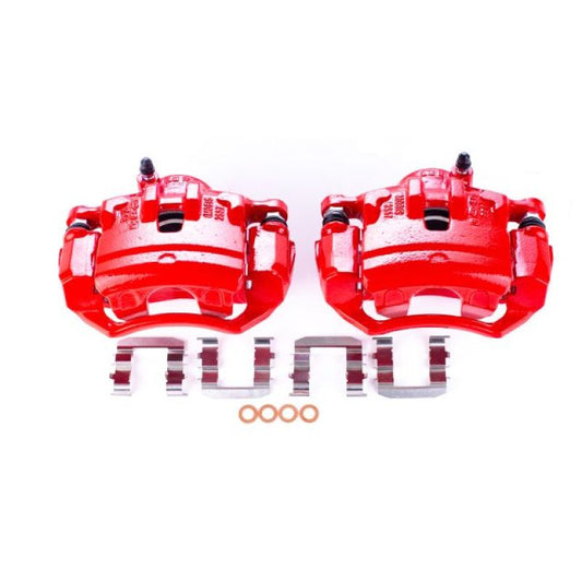 Pair of PowerStop front red brake calipers with brackets for Hyundai Tucson 2010-2012, performance disc brake replacement.