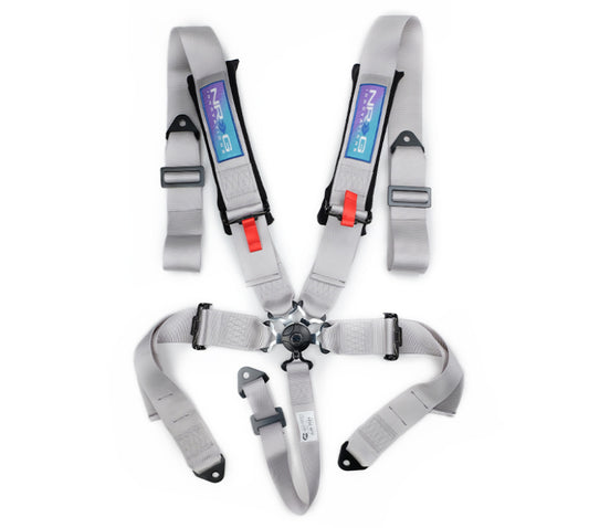NRG 5-point 3-inch silver seat belt harness with cam lock, designed for racing and safety applications.