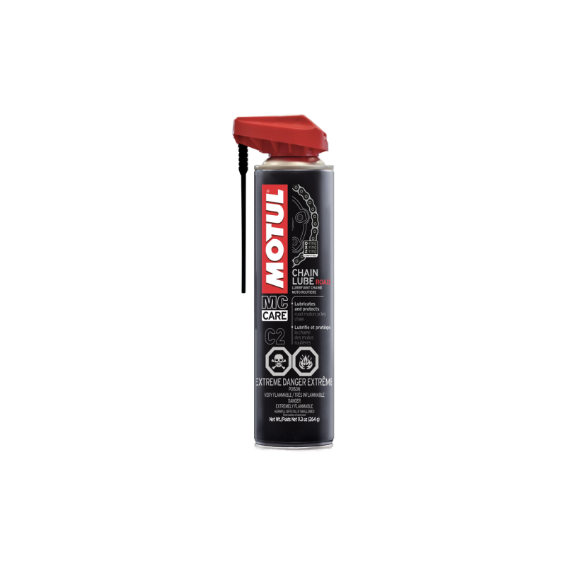 Motul C2 9.3oz aerosol chain lube spray for bicycles, featuring lubricants and greases for smooth chain operation.