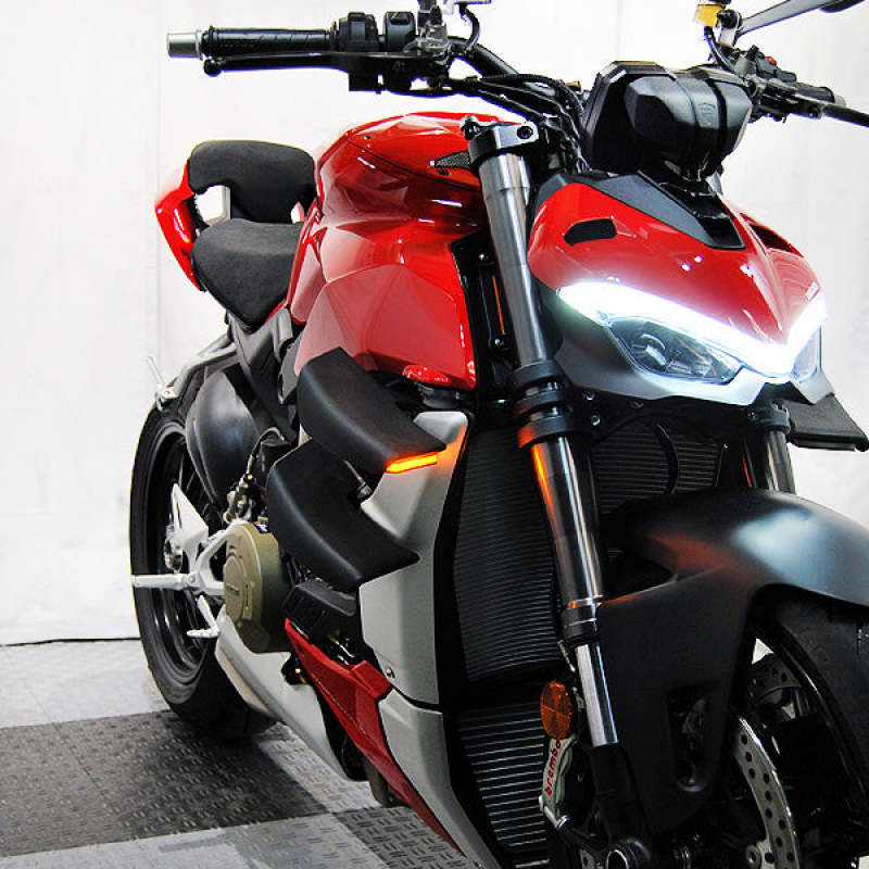 New Rage Cycles Ducati Streetfighter V4/V2 front turn signal lights for 20-24 model, corner indicator lights on motorcycle.