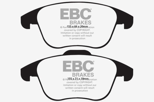 EBC Ultimax2 front brake pads for Audi Q3 2.0 Turbo, OE quality, shown in a close-up image of the brake pad set.