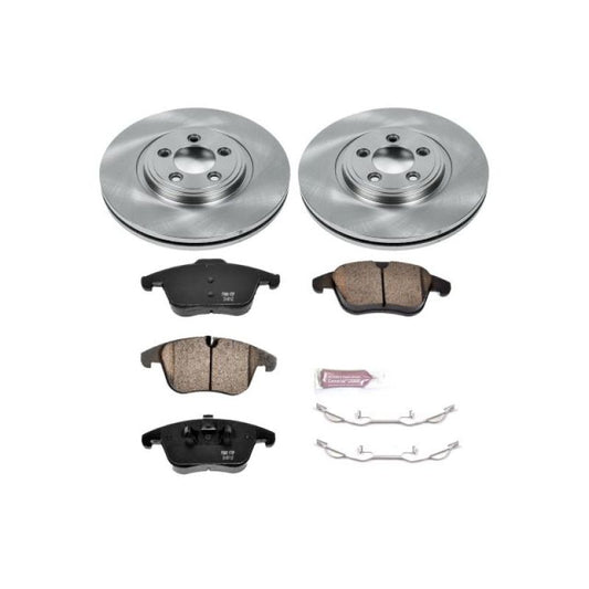 PowerStop OE front brake kit for Jaguar S-Type 2006-2008, showing brake rotors and calipers for vehicle safety and performance.