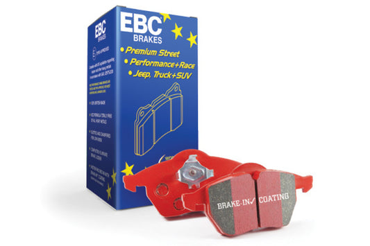 EBC Redstuff front brake pads for Honda CR-Z 1.5L hybrid, high-performance brake pads with red friction material.