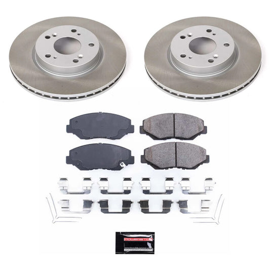 PowerStop performance semi-coated front brake rotor kit for Honda Fit 2013-2014, showcasing the brake rotor with cooling fins.