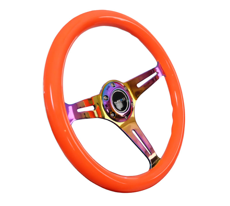 NRG Classic wood grain steering wheel in neon orange with neochrome spokes, 350mm diameter, for sports car interior styling.