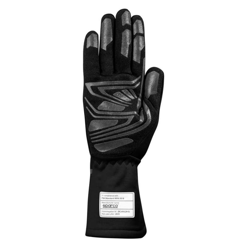 Black Sparco Land+ 10 racing gloves with textured grip and adjustable wrist strap for motorsport driving comfort.