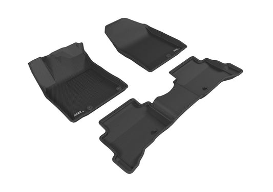 Black 3D MAXpider rubber floor mats for 2017-2019 Hyundai Ioniq Hybrid and Plug-in, covering first and second row seats.