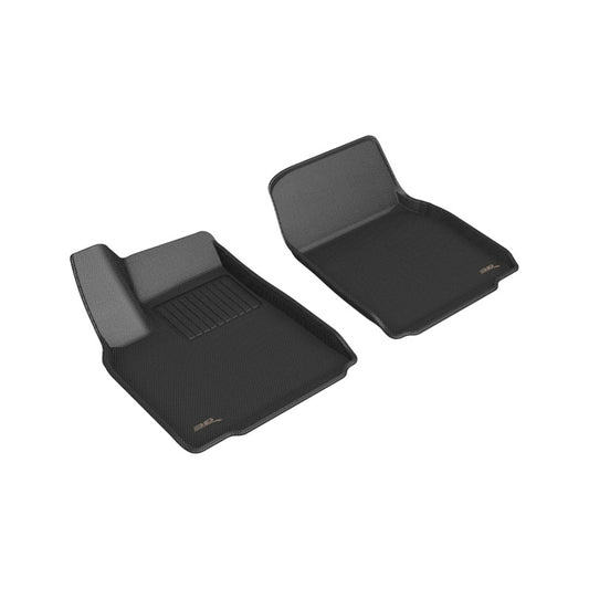 Black 3D MAXpider Tesla Model X 2022 Kagu 1st row rubber floor mats with textured surface and custom fit.