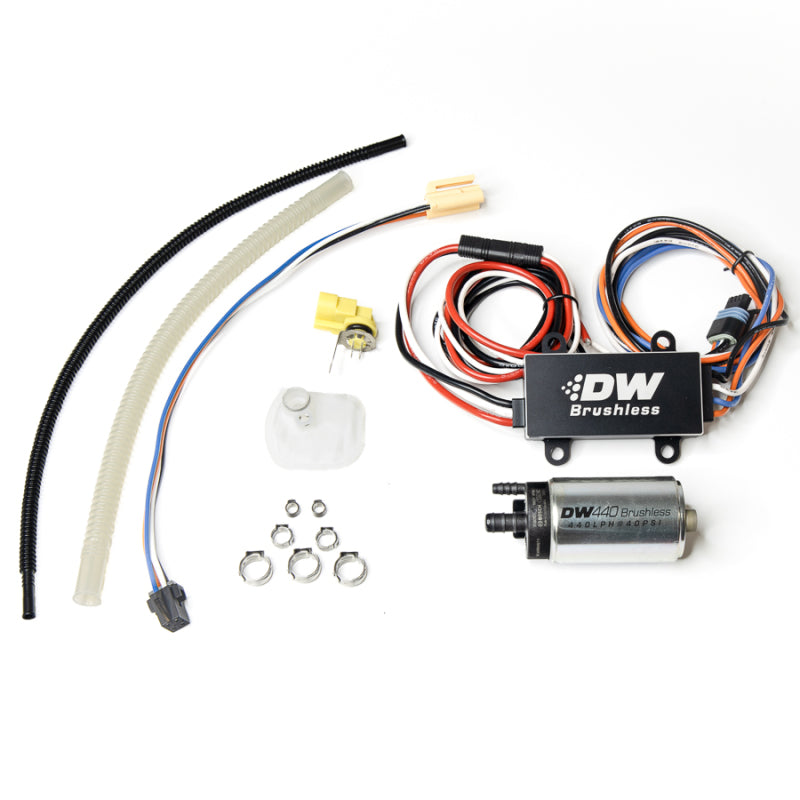 DeatschWerks 440lph in-tank brushless fuel pump for Chevy Corvette 03-13 with installation kit and C102 controller, shown with components.