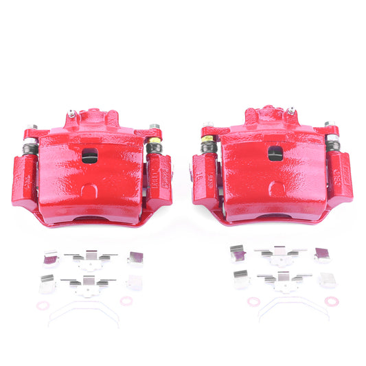 Pair of PowerStop red front brake calipers with brackets for Ford Fusion 2006-2012, performance brake calipers for enhanced stopping power.