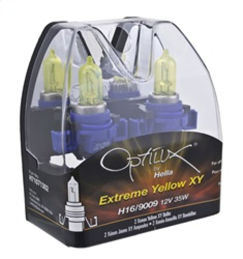 Pair of Hella Xen Pure Yellow H16/9009 12V 35W bulbs for vehicle headlights with yellow tint and high-quality construction.