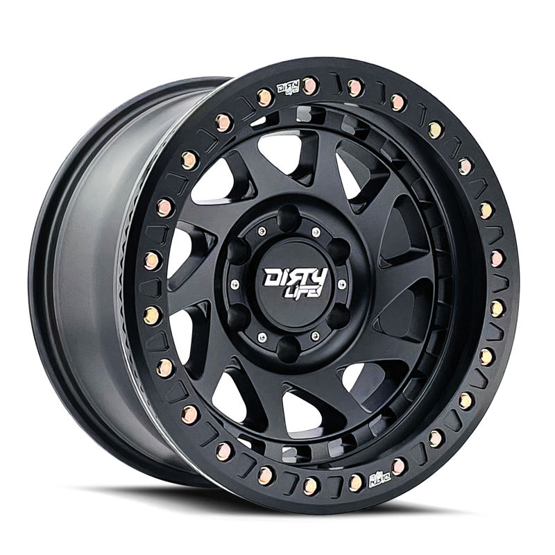 Dirty Life Enigma Race 17x9 matte black cast wheel with 6x135 bolt pattern, -38mm offset, 87.1mm hub in close-up view.