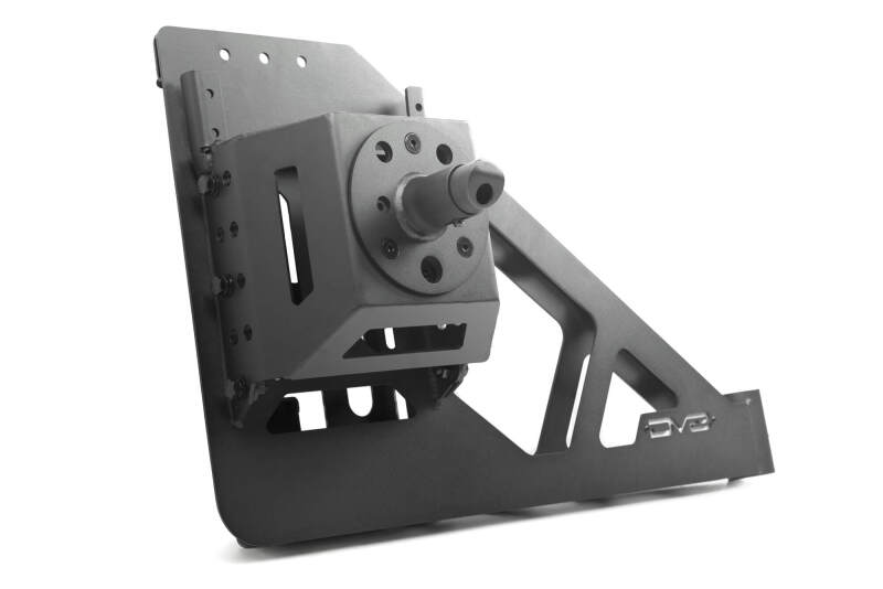 DV8 Offroad Jeep Wrangler JL MTO Series bumper spare tire swing gate tailgate accessory showing the mounted spare tire on the bumper.