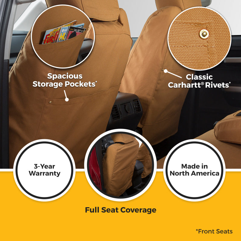 Covercraft Carhartt brown seat cover for Jeep Wrangler JL, custom-fit SeatSaver protective seat cover inside the vehicle.