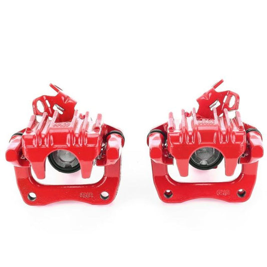 Pair of PowerStop rear red brake calipers with brackets for Audi A3 2010-2013, performance brake calipers for enhanced stopping power.