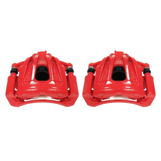 Pair of PowerStop front red brake calipers with brackets for Jeep Liberty 2002-2007, performance brake calipers for enhanced stopping power.