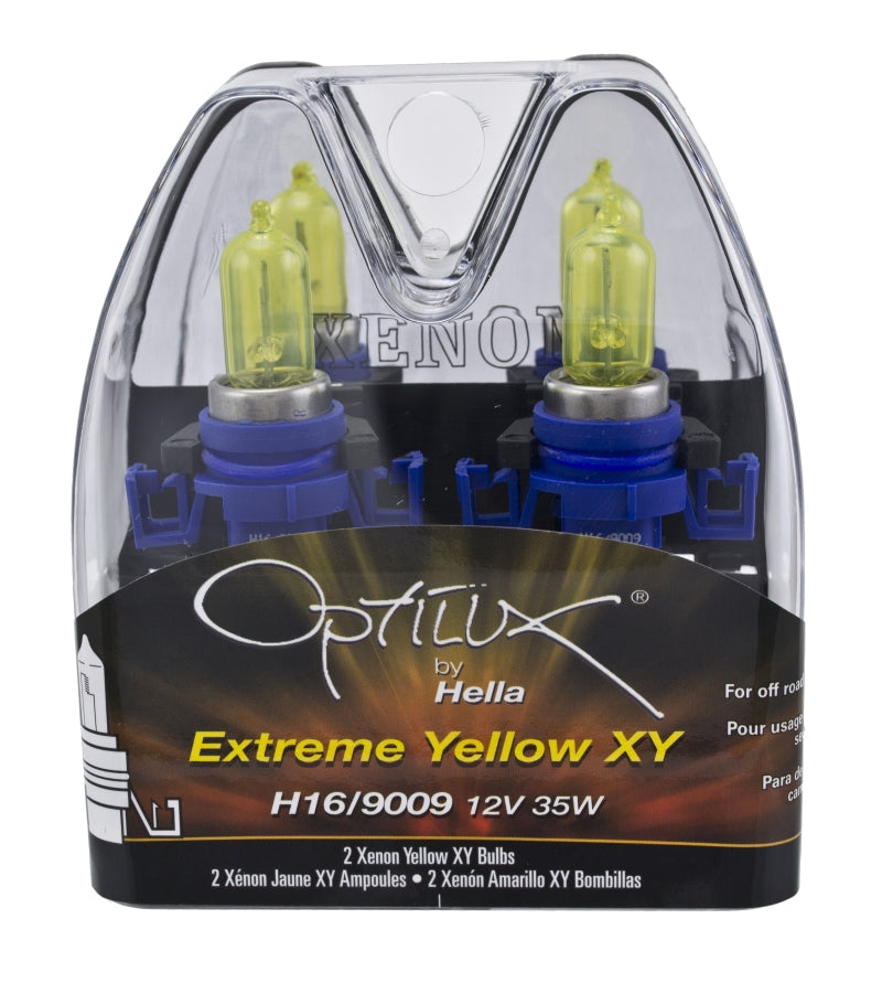 Pair of Hella H16/9009 12V 35W Xen Pure Yellow XY bulbs for vehicle headlights, shown in a close-up image.