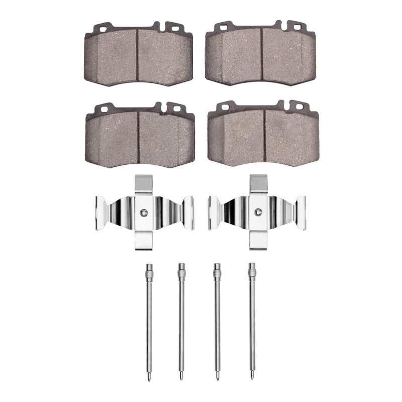 R1 Concepts OE brake pads and hardware kit for Mercedes-Benz S500 (2003-2004) front brake system, showing new brake pads and hardware.