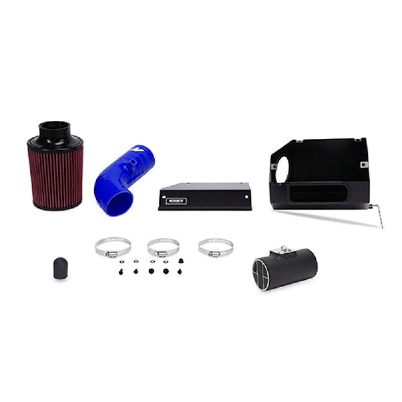 Mishimoto blue cold air intake kit with airbox for 2013+ Subaru BRZ and Scion FR-S, showing the intake pipe and filter assembly.