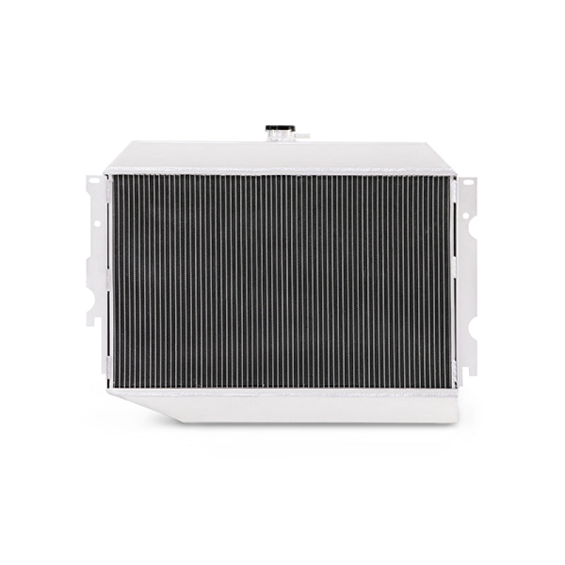 Mishimoto aluminum radiator for 70-73 Plymouth Barracuda with small block X-Line engine, featuring sleek silver finish and core details.