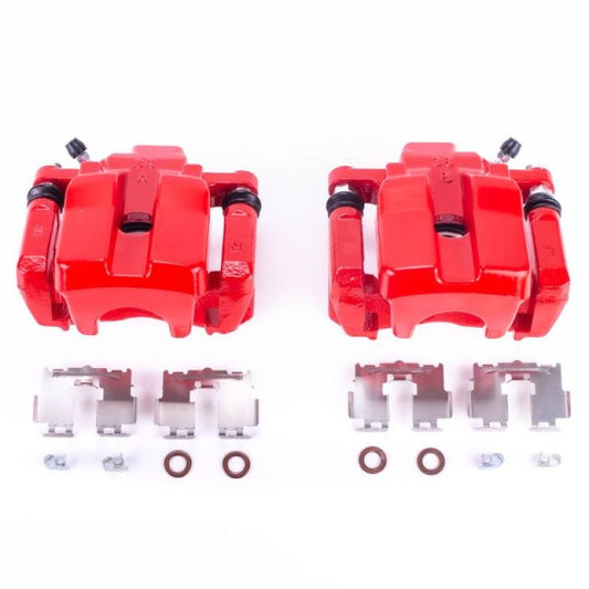 Pair of PowerStop rear red brake calipers with brackets for 2009-2010 Pontiac Vibe, performance replacement brake components.