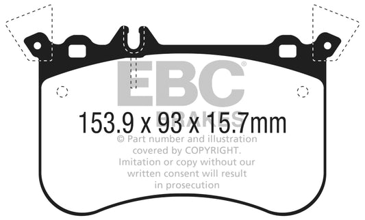 EBC 2014+ Mercedes-Benz CLA45 AMG red performance front brake pads with 2.0L turbo engine, showing the brake pad set and packaging.