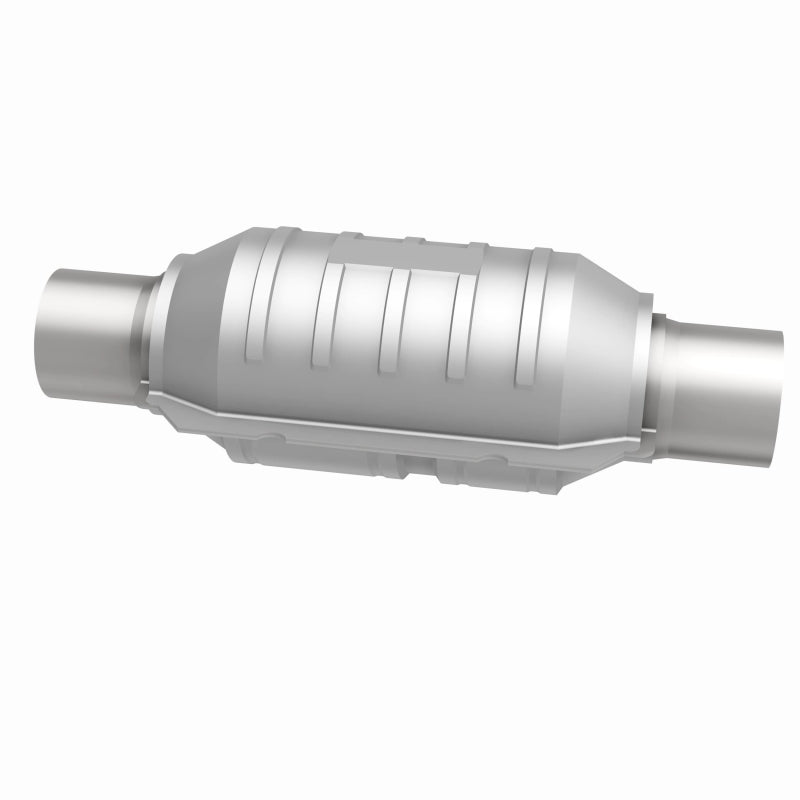 MagnaFlow universal catalytic converter with 2.25-inch inlet, OEM CARB compliant, metal body, and mounting brackets for vehicle exhaust.