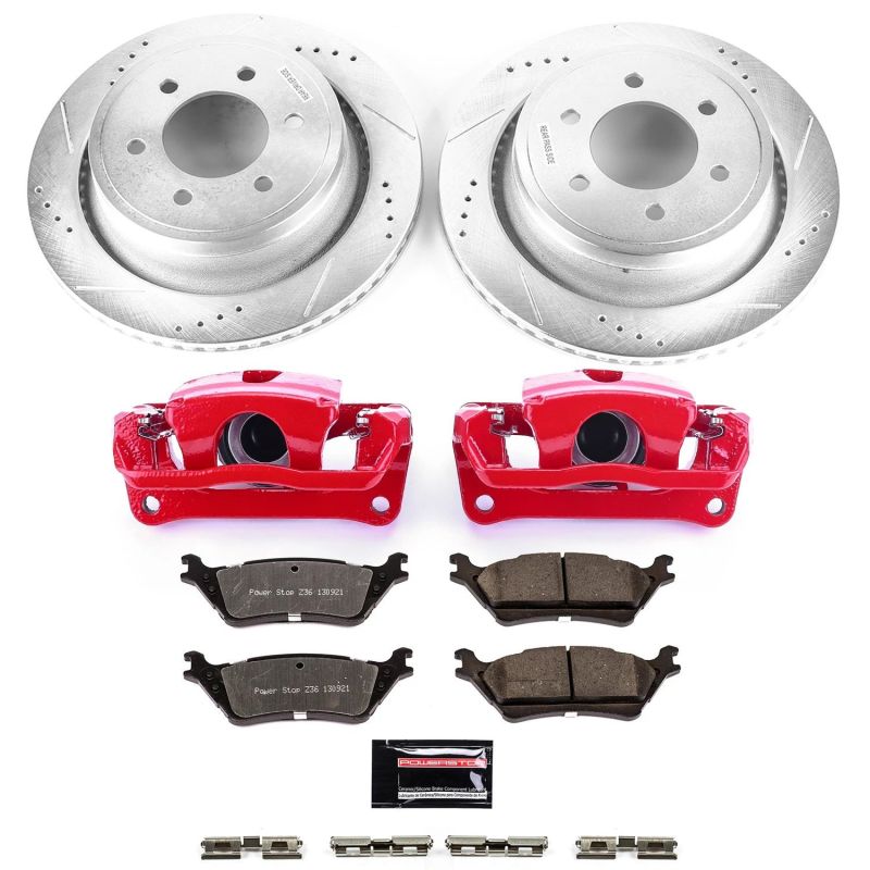 PowerStop Z36 rear brake kit for 2012-2018 Ford F-150 truck with performance brake calipers and towing capabilities.