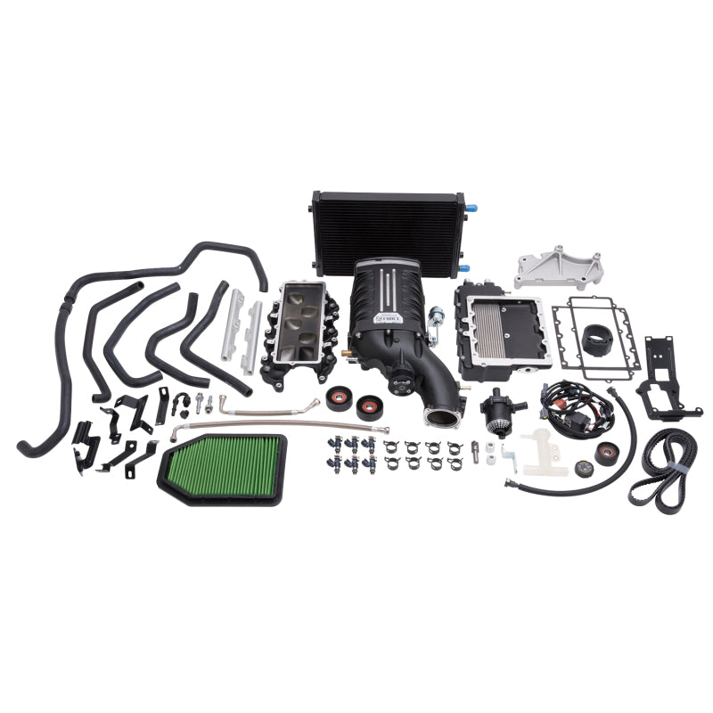Edelbrock Supercharger Stage 1 Street Kit for 2012-2014 Jeep Wrangler 3.6L V6, with visible supercharger components and mounting hardware.