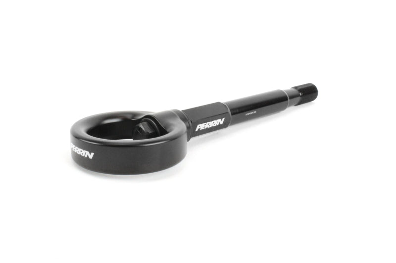 Black Perrin Performance tow hook kit installed on the front of a Subaru WRX, Crosstrek, Impreza, or Forester.