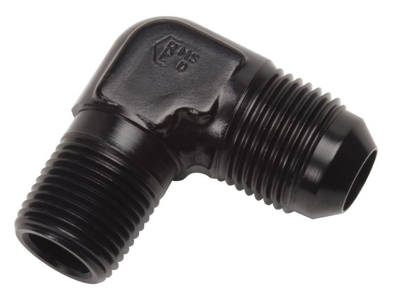 Russell Performance black 90-degree flare to pipe adapter fitting with -4 AN to 1/8 inch NPT threading, designed for automotive use