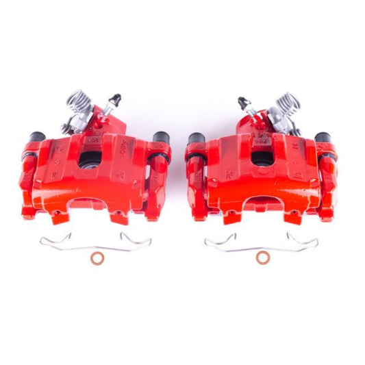 Pair of PowerStop rear red brake calipers with brackets for Mazda 3 models 2004-2013, performance replacement brake components.
