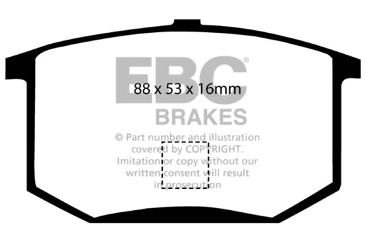 EBC Lotus Esprit 2.0 Redstuff rear brake pads for performance braking, shown in black with red friction material.