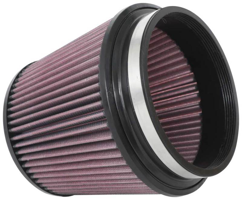 K&N Engineering universal clamp-on air filter with 6-inch flange, 7.5-inch base, 5.875-inch top, and 6-inch height showing clean filter element