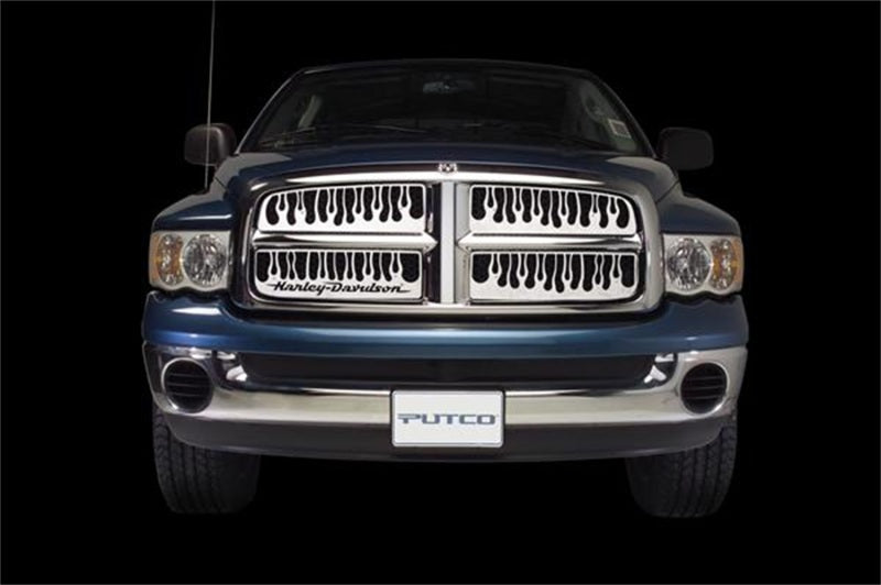 Putco stainless steel grille for Chevy Silverado LD 2007-2013 with flaming inferno design, featuring bold, intricate pattern.