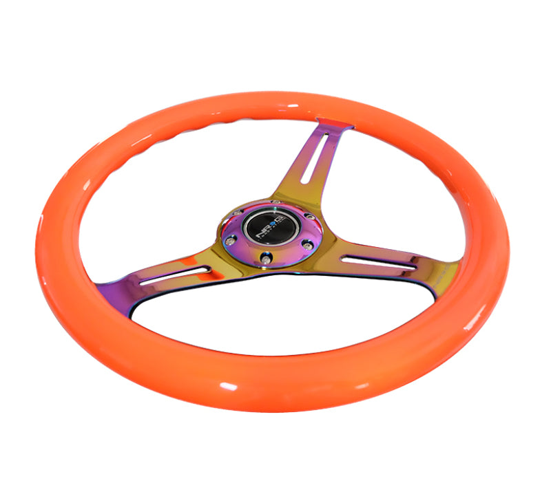 NRG Classic 350mm wood grain steering wheel in neon orange with neochrome spokes for racing or car interior upgrades.