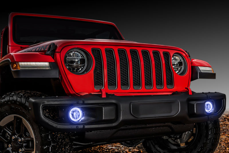 Oracle Lighting LED surface mount fog light halo kit with ColorSHIFT for Jeep Wrangler JL and Gladiator JT, showing installed halo rings.