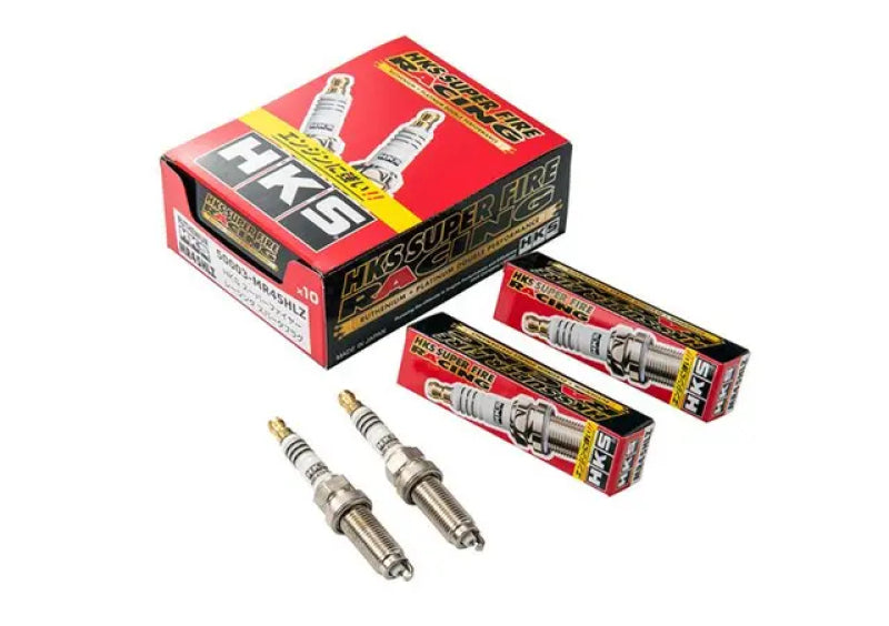 HKS Super Fire Racing MR45XLB spark plugs pack of 10, high-performance automotive ignition components, close-up view.