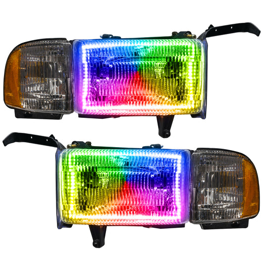 Oracle Lighting Dodge Ram 94-02 Halo Headlights with ColorSHIFT feature, pre-assembled, without controller, showcasing the headlight design.
